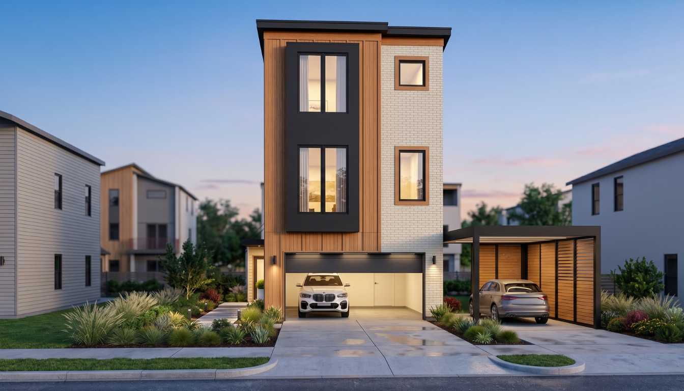 Horizon 24 three-story modern single-family homes with garages and landscaped driveways, Northside Village Houston