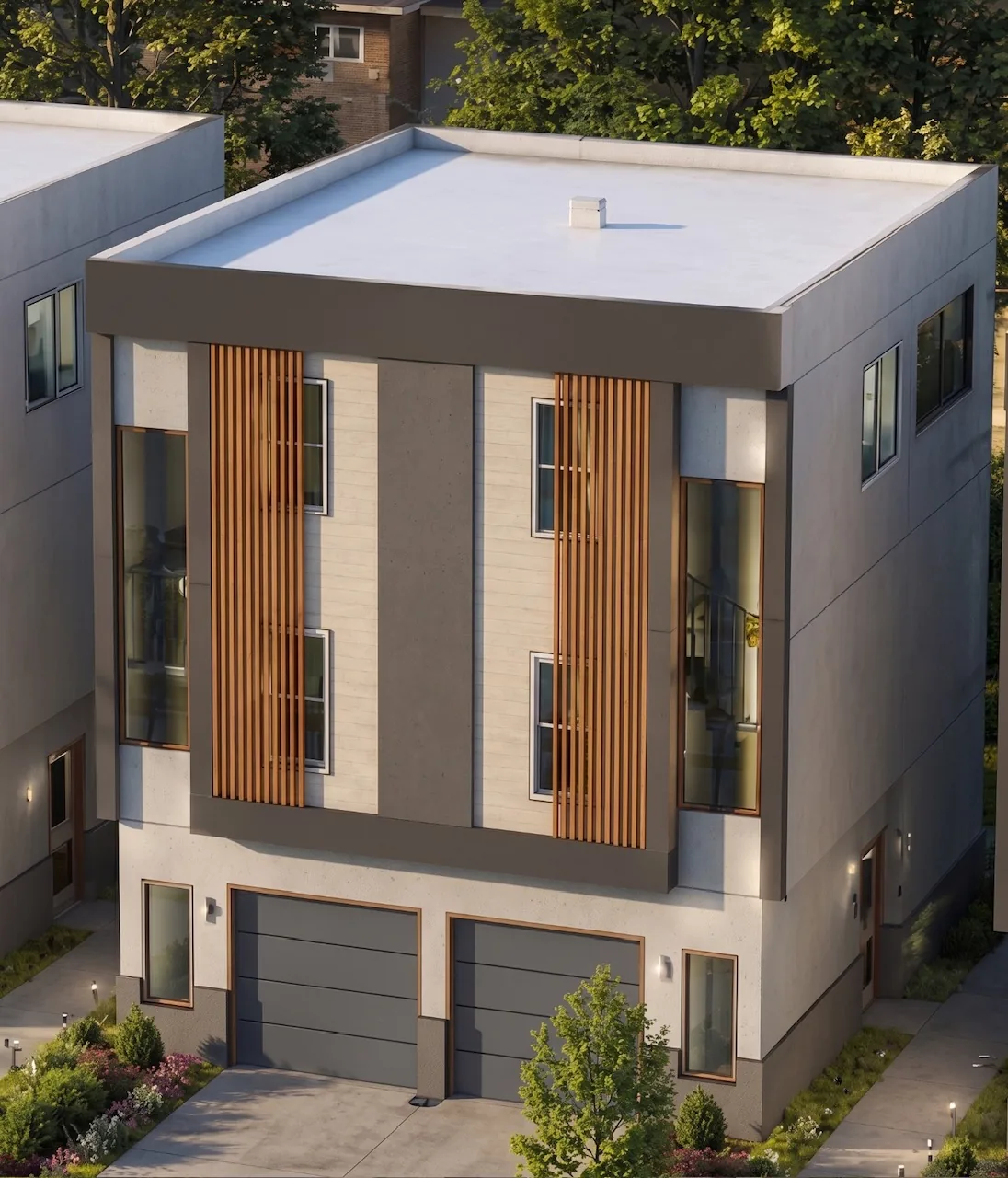 Nova 9 single-family home elevation with cedar screen detailing and two-car garage, Houston TX 77021