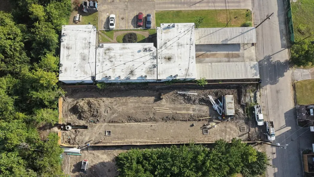 Aerial view of the Nova 9 development site under construction at 6006 Schroeder Rd, Houston TX